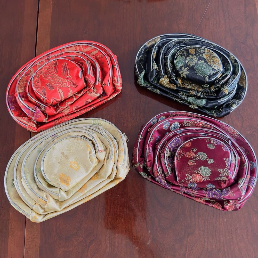 Asian Style Nesting Doll Cosmetic Travel Make up Zip Bags Set of 5 Color Choice